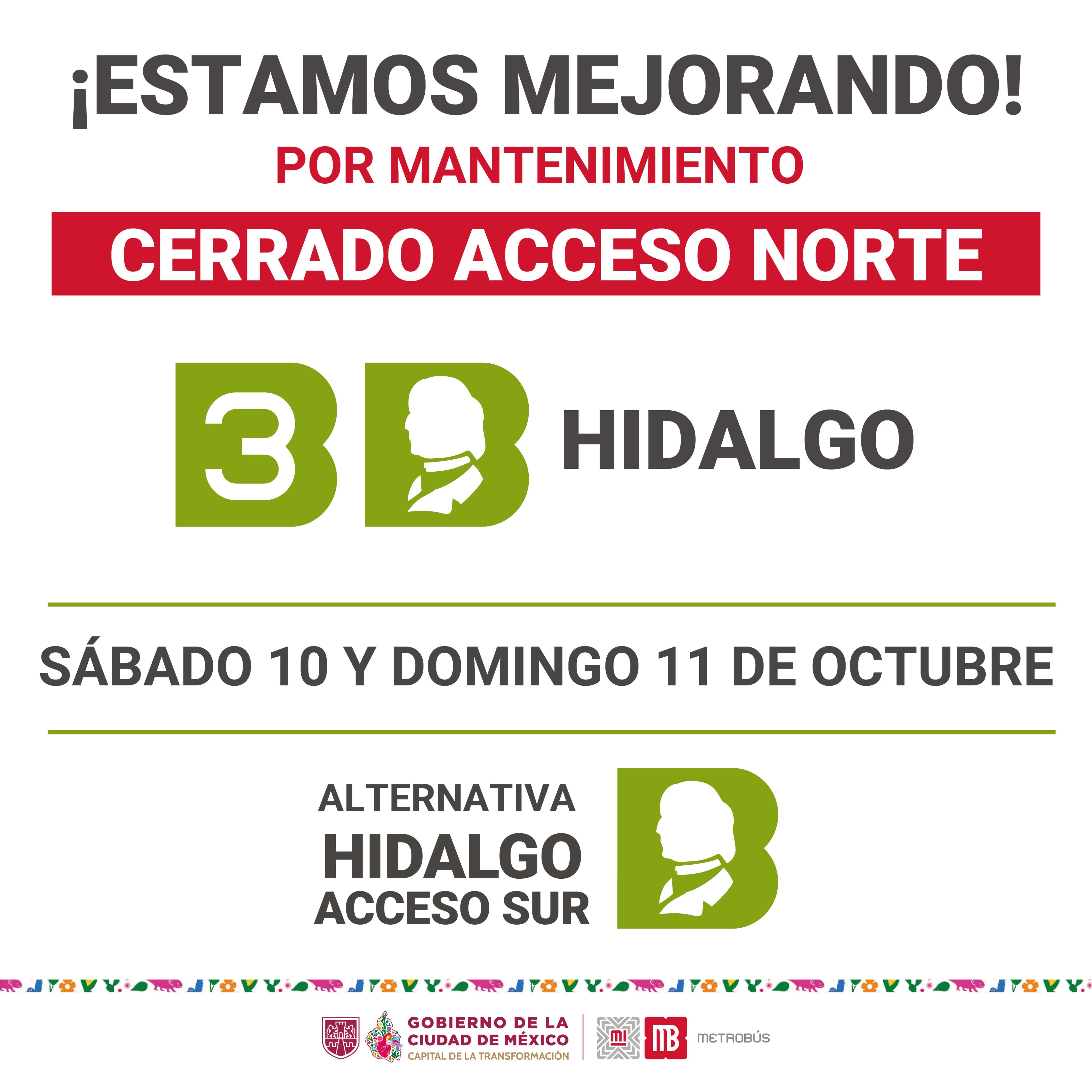 El Metrobús informa sobre trabajos de mantenimiento programados en la estación Hidalgo de la Línea 3 para el sábado 10 y domingo 11 de octubre. (X: @MetrobusCDMX)