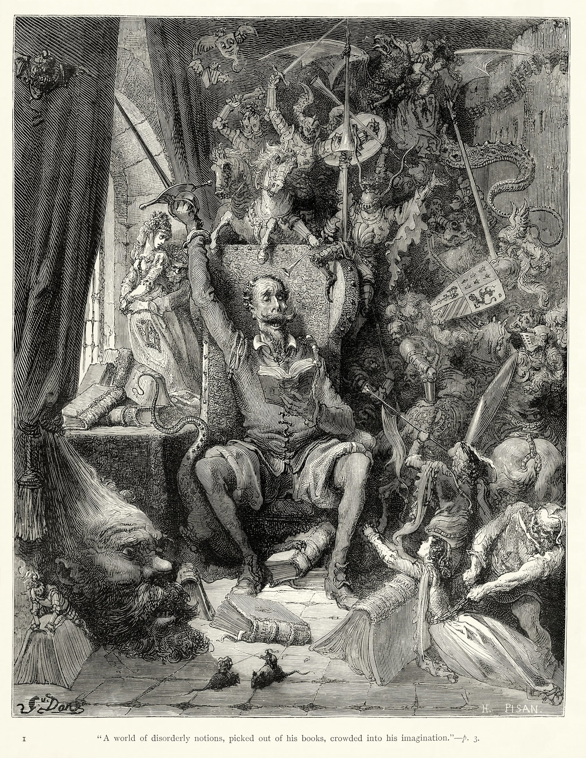 Una ilustración dramática de Gustavo Doré que muestra a Don Quijote leyendo, con su imaginación desbordada por figuras fantásticas y caballerescas mientras Sancho Panza lo observa.