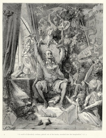 Ilustración de Don Quijote sentado leyendo, rodeado de figuras fantásticas: caballeros, dragones, y damas volando. Sancho Panza aparece en miniatura al pie