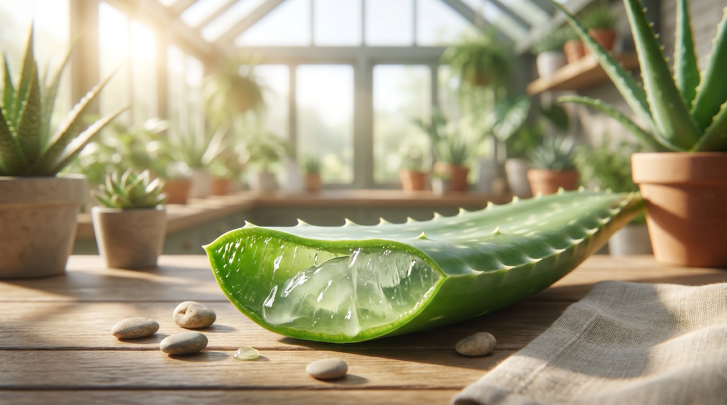 Un trozo de aloe vera abierto revela su gel natural y translúcido, listo para ser utilizado, en un invernadero soleado que irradia bienestar. (Imagen Ilustrativa Infobae)