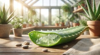Primer plano de una hoja de aloe vera abierta que muestra su gel sobre una mesa de madera, con guijarros y un invernadero soleado de fondo.