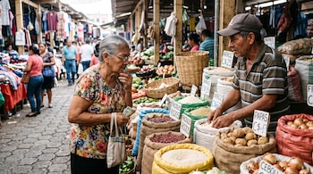 Una mujer con dinero en la mano observa sacos de frijoles, arroz y papas frente a un comerciante en el pasillo de un mercado.