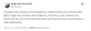 El exministro de Justicia cuestionó la propuesta de una 'semana anticomunista' en los colegios de Colombia - crédito X