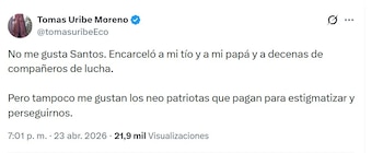 Tomás Uribe responsabilizó a Juan Manuel Santos por decisiones que afectaron a su familia - crédito @@tomasuribeEco/X
