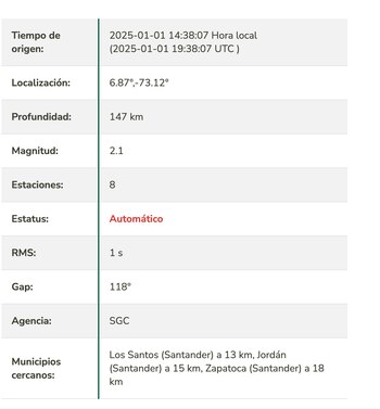Sismo en Los Santos, Santander - crédito: SGC