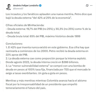Andrés Felipe Londoño, exsuperintendente Financiero de Colombia, indicó que, desde agosto 2022, la deuda interna creció en $386 billones - crédito @Lonrod7/X