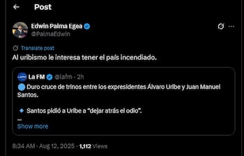 Edwin Palma reaccionó a las declaraciones de Álvaro Uribe - crédito @PalmaEdwin