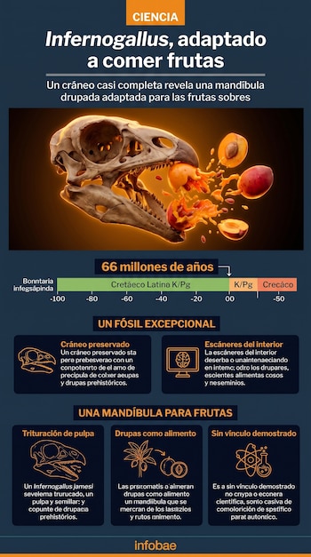 Infografía con el cráneo de un dinosaurio junto a una fruta partida, una línea de tiempo y varios recuadros con esquemas y texto.