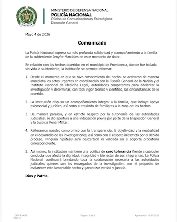 La institución expresó su solidaridad con la familia de la oficial - crédito Policía Nacional