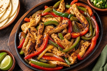 Tiras de pollo asado con pimientos rojos, verdes y cebolla en un plato, junto a tortillas de maíz y rodajas de limón.