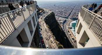 Barandales de un mirador con personas; abajo, una carretera curva en un acantilado con vehículos y peatones; al fondo, una ciudad con edificios y playa.