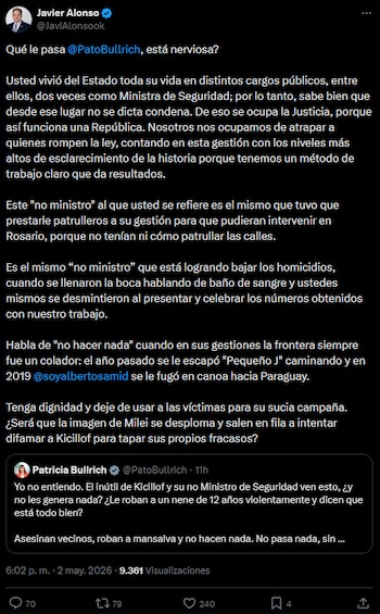 Fuerte cruce entre Patricia Bullrich y Javier Alonso por la inseguridad