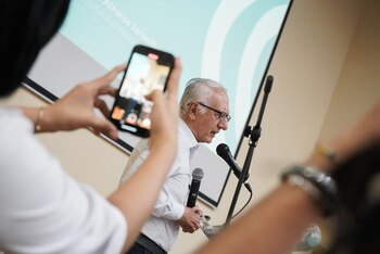Guillermo Jaramillo, ministro de Salud, intervino en audiencia pública que se hizo en la Universidad del Sinú, sede Cartagena (Bolívar), sobre la reforma a la salud del Gobierno Petro - crédito Ministerio de Salud