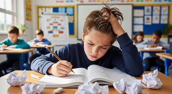 Un niño de primaria con suéter azul oscuro se agarra el pelo, visiblemente frustrado, mientras mira un libro de matemáticas abierto en su pupitre.