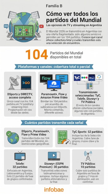 Infografía con globo, televisores, antenas y logos de plataformas/canales argentinos, detallando opciones de TV y streaming para el Mundial 2026 en Argentina.