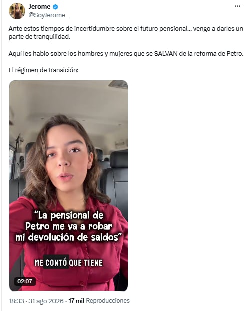 Jerome Sanabria cuestionó el aporte obligatorio a Colpensiones previsto en la reforma - crédito @SoyJerome__/X