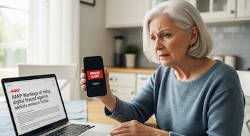 Mujer mayor con cabello gris y suéter azul mirando preocupada un teléfono con "ALERTA DE FRAUDE"; un portátil está abierto frente a ella.