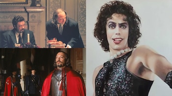 Un mosaico de tres imágenes presenta al actor Tim Curry caracterizado con maquillaje, pelucas y vestuario diverso