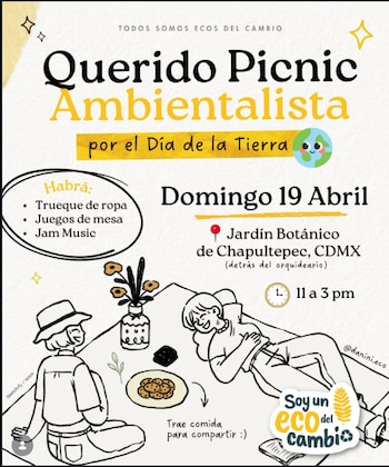 Ilustración de un cartel para un picnic ambientalista por el Día de la Tierra, mostrando dos personas sentadas en un mantel con comida y una planta, con texto informativo