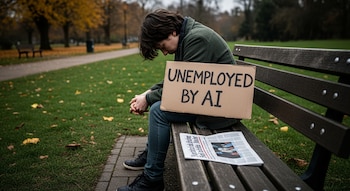 Una persona con ropa oscura sentada en un banco de parque, sosteniendo un cartel que dice 'UNEMPLOYED BY AI'. Un periódico yace en el banco.