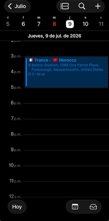 Captura de pantalla de una aplicación de calendario. Se muestra el 9 de julio con un evento: partido entre Francia y Marruecos en Boston Stadium