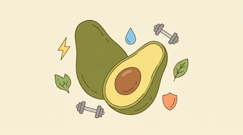 Ilustración plana de una palta entera y una mitad con hueso, superpuestas en diagonal, sobre fondo crema. Flotan íconos de energía, agua, fuerza, fibra y defensa.
