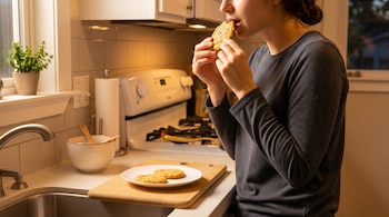 Vista lateral de una mujer comiendo una galleta en una cocina con azulejos blancos. Hay un plato con dos galletas y un fregadero de acero inoxidable.