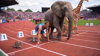 Un atleta, un ratón, un elefante, un guepardo y una jirafa colocados en los carriles de una pista de atletismo frente a las gradas.