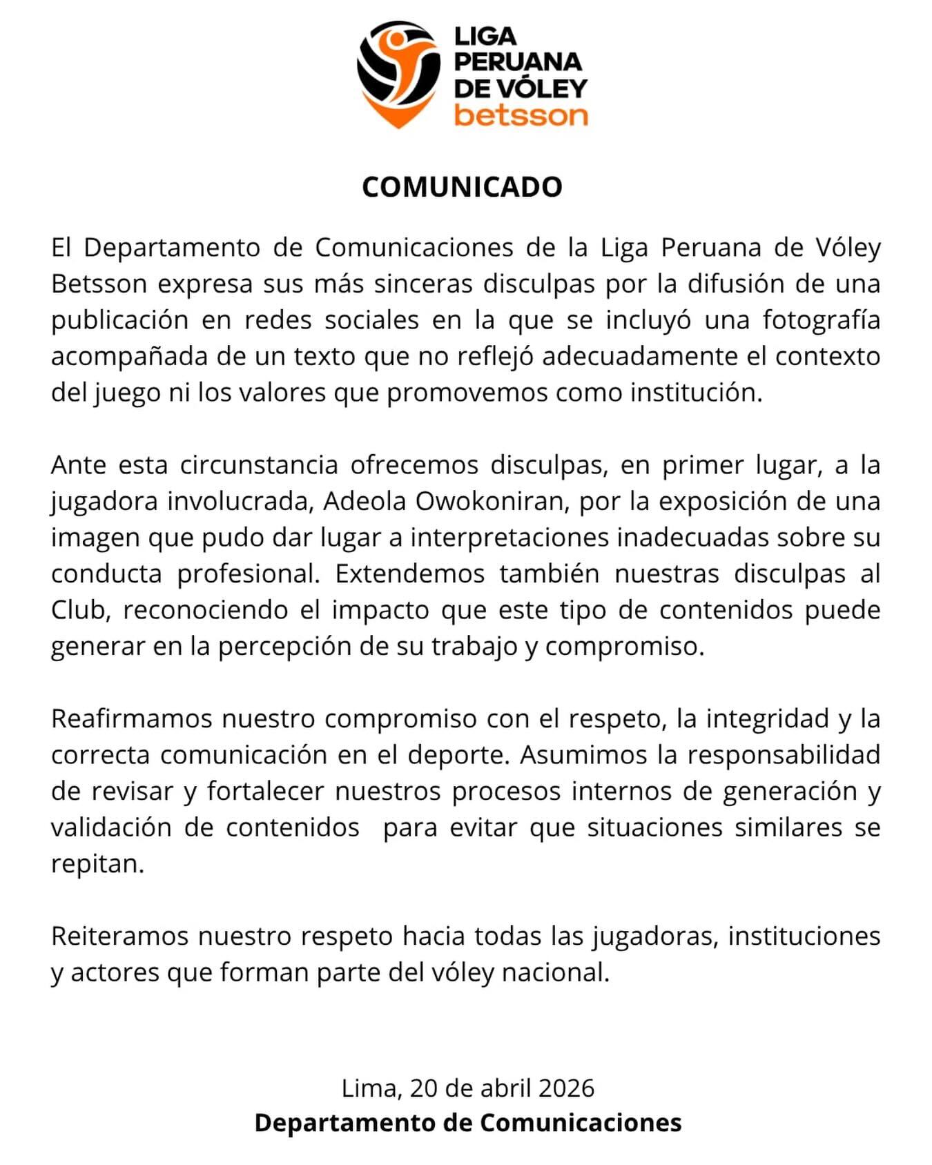 Comunicado oficial de la Liga Peruana de Vóley.