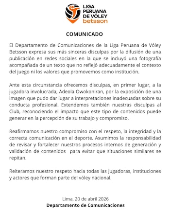 Comunicado oficial de la Liga Peruana de Vóley.