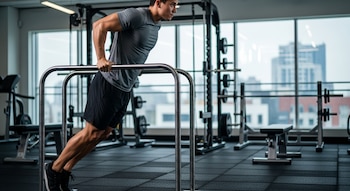 Vista lateral de un hombre con camiseta gris y pantalones cortos negros realizando fondos en barras paralelas en un gimnasio con ventanas.