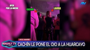 ¿Nuevo romance? Laura Huarcayo y Carlos Alcántara sorprenden con muestras de cariño en el Estadio Nacional. Captura: Magaly TV La Firme.