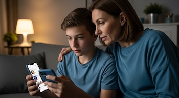 Madre e hijo adolescente sentados en un sofá, ambos mirando una aplicación de redes sociales en un teléfono inteligente. La madre tiene su mano en el hombro del hijo.