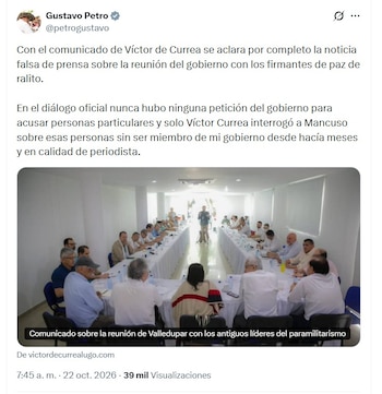 El expresidente Petro compartió su mensaje vía X la mañana del jueves 22 de octubre de 2026 - crédito @petrogustavo/X
