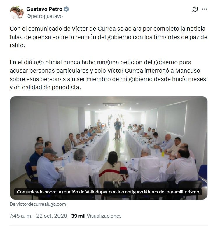 El expresidente Petro compartió su mensaje vía X la mañana del jueves 22 de octubre de 2026 - crédito @petrogustavo/X