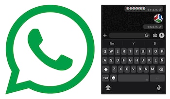 El logo verde de WhatsApp a la izquierda y una pantalla de chat de WhatsApp en modo oscuro con un teclado en español a la derecha