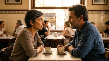 Mujer y hombre de mediana edad sentados en una mesa de mármol en una cafetería, mirándose, con tazas de café vacías. Fondo borroso con otras personas