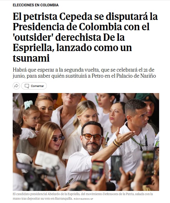 Publicación El Mundo España sobre las Elecciones en Colombia - crédito Elmundo.es