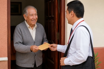 Un hombre mayor sonriente en la puerta de una vivienda recibe un sobre de manila que le entrega un hombre con camisa blanca y corbata.