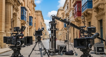 Una calle adoquinada con edificios barrocos de color beige y balcones coloridos, donde se observan tres cámaras de cine profesionales y una grúa de filmación.