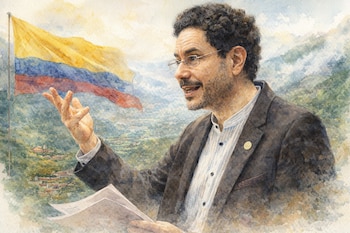 Una pintura en acuarela de Iván Cepeda de perfil, gesticulando y sosteniendo papeles, con la bandera de Colombia y montañas al fondo.