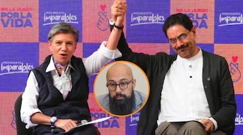 Claudia López e Iván Cepeda sentados y tomados de las manos en un evento. Superpuesta, una imagen circular de Carlos Carrillo con barba y gafas.