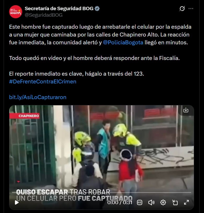 El hecho, ocurrido en la intersección de la calle 58 con carrera 7, movilizó a residentes, comerciantes y vigilantes que ayudaron a frustrar el hurto - crédito @SeguridadBOG / X