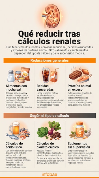 Infografía con ilustración de riñón y seis secciones sobre sal, bebidas azucaradas, carnes, cerveza, verduras y suplementos con texto explicativo.
