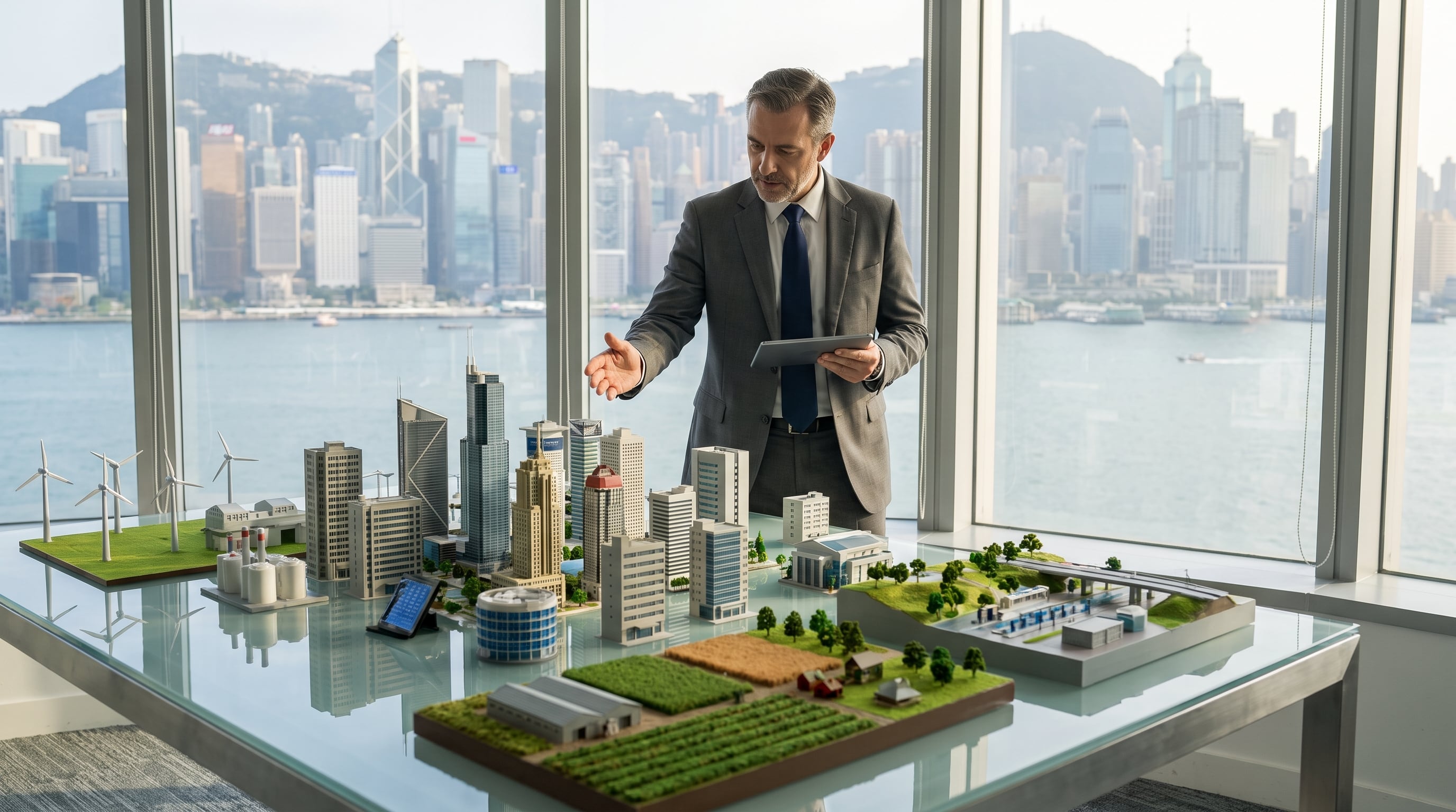 Un inversor analiza meticulosamente un modelo a escala que representa diversas oportunidades en sectores como la agricultura, industria y energía renovable con un horizonte urbano de fondo. (Imagen Ilustrativa Infobae)