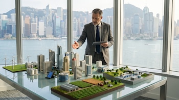 Hombre con traje sostiene una tableta frente a una ventana. Sobre la mesa hay maquetas de edificios, turbinas eólicas, granjas, fábricas y carreteras.