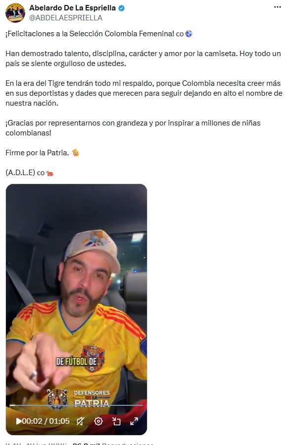 Abelardo de la Espriella prometió apoyo estatal al fútbol femenino tras triunfo de Colombia en la Conmebol - crédito @ABDELAESPRIELLA/X