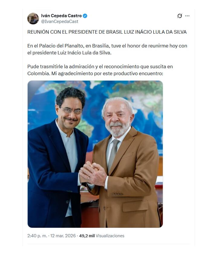Con este mensaje en X, el senador y candidato presidencial Iván Cepeda habló de su encuentro con el presidente de Brasil, Luiz Inácio Lula da Silva, en Brasilia - crédito @IvanCepedaCast/X