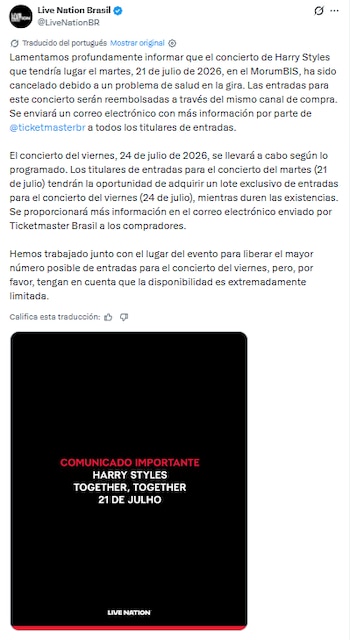 La suspensión del show en São Paulo se atribuyó a un “problema de salud”, según la organización del tour. (X/ @LiveNationBR)