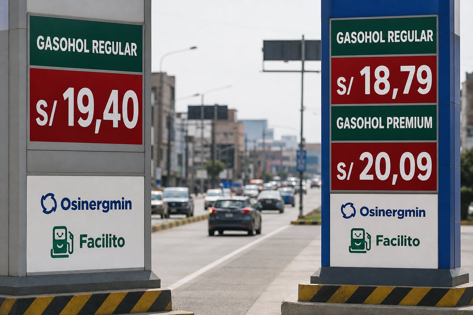 Paneles informativos de Osinergmin comparan las tarifas de gasohol entre San Juan de Lurigancho y Villa El Salvador, en Lima. (Imagen Ilustrativa Infobae)